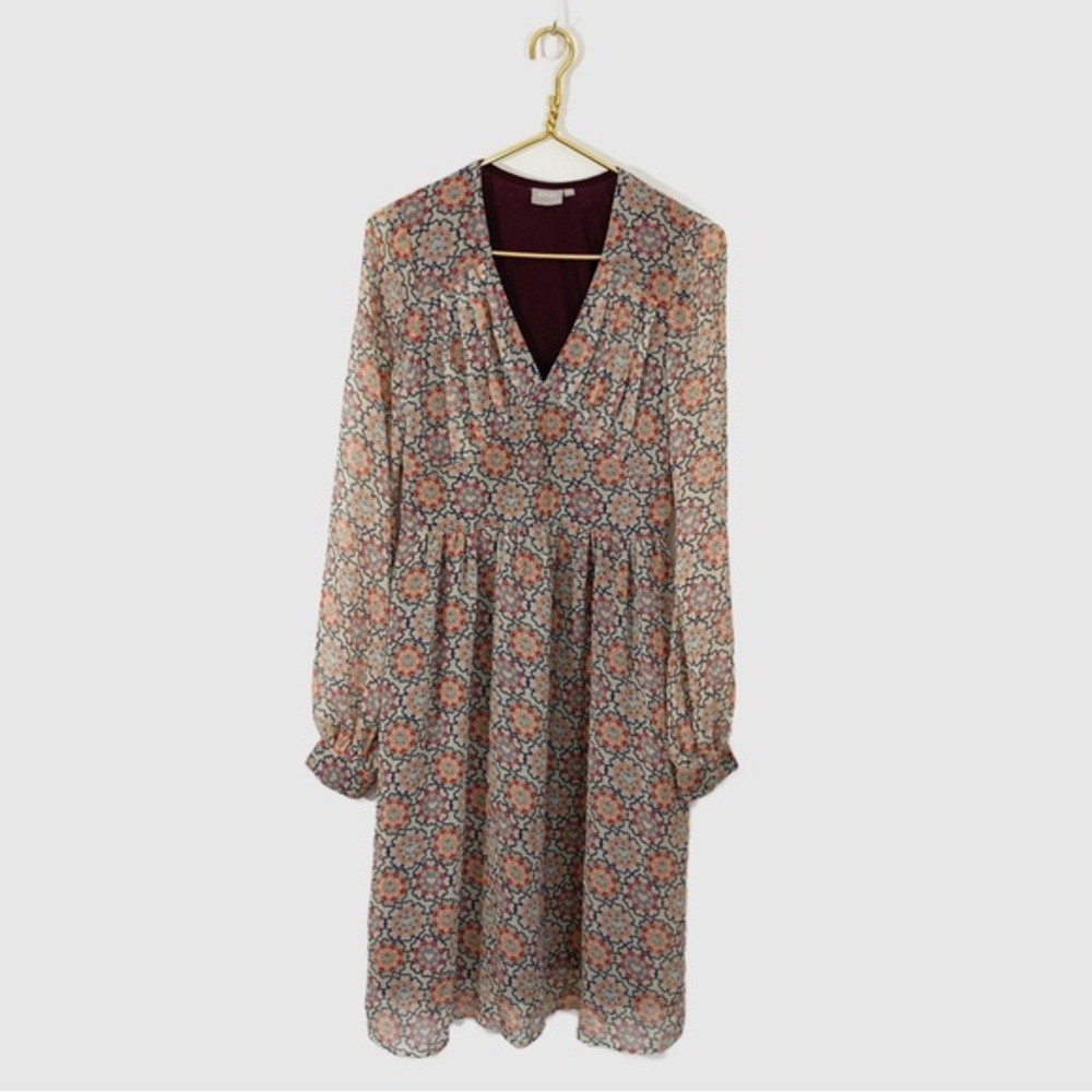 Eshakti Large 12 Chiffon V Neck Long Sleeve Midi Dress‎ Heart Novelty Print